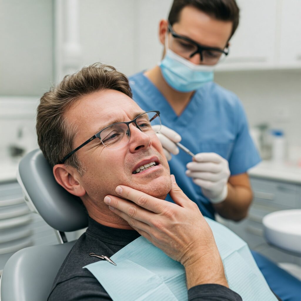 A man in a dental chair clutches his jaw with a pained expression while a masked dentist in the background holds a dental tool.